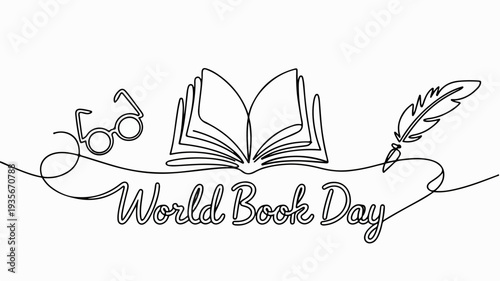 World book day logo with open book glasses and feather quill on banner