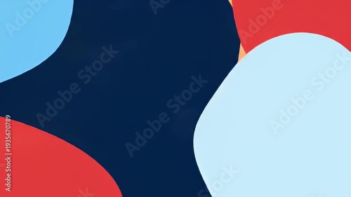 An abstract painting in blue, red, orange, and navy with smooth organic shapes overlapping