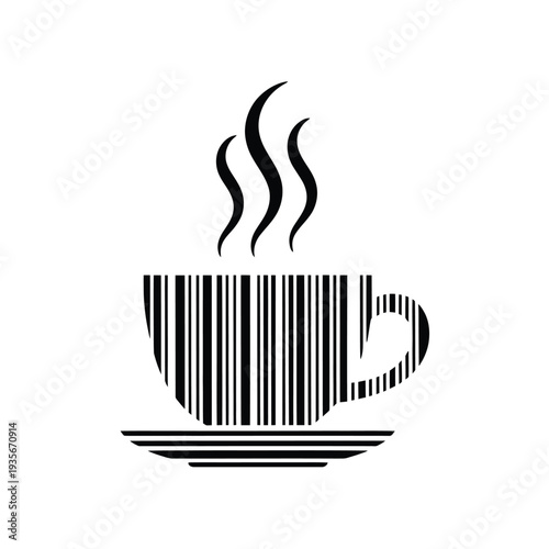 A stylized black and white illustration of a coffee cup with steam