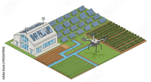 Isometric illustration of a smart farm with a drone flying over rows of crops, a greenhouse, and solar panels, showcasing modern agricultural technology and business innovation in a green