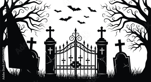 Spooky graveyard silhouette, haunted cemetery gate, gothic trees, eerie bats flying, cracked gravestones, Halloween horror scene, dark abandoned landscape illustration