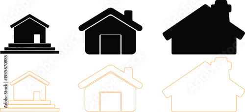 Various house icons in black and gold vector illustration, flat design