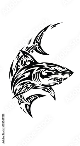 Black and white tribal shark tattoo style illustration.