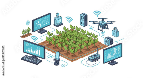 Isometric illustration of smart farming technology with a drone, computers, and network connections managing a green farm