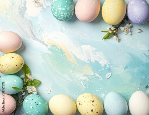 Soft Pastel Easter Eggs Decorate Colorful Background with Blossoms
