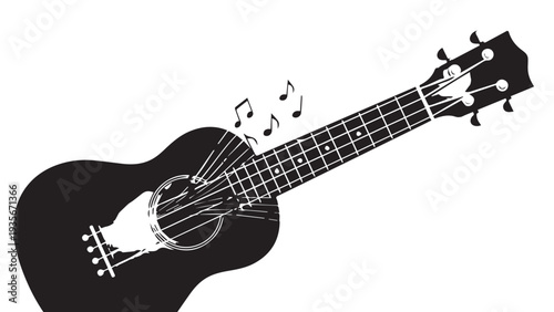 Black silhouette of acoustic stringed instrument with musical notes floating.