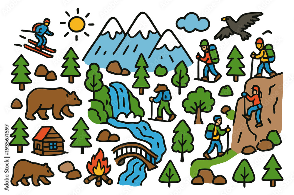 Naklejka premium Vibrant Mountain Adventure. Mountain. Colorful Hand-drawn doodle Children illustration Mountain peaks, trees, rocks, snow, skiers, hikers, climbers, bears,