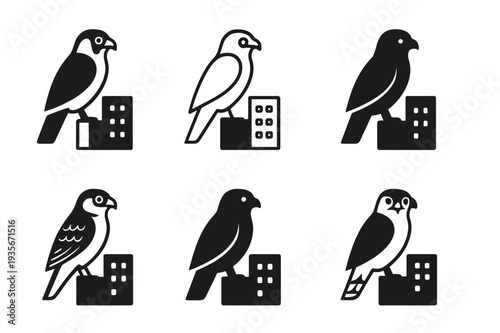 Urban Wildlife Logo Set. Urban wildlife. Icon set. Set Logo of Urban wildlife: peregrine falcon on skyscraper ledge. harmonious logo variations of the same