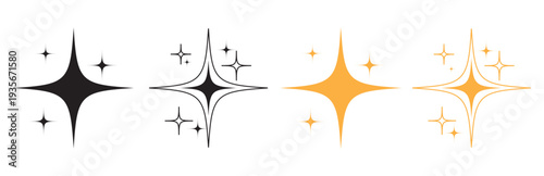 Sparkle twinkle star icon set, Gleam light symbol, Twinkle star sign, Brilliance effect mark, Cleanliness emblem, or Freshness indicator.