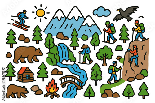 Vibrant Mountain Adventure. Mountain. Colorful Hand-drawn doodle Children illustration Mountain peaks, trees, rocks, snow, skiers, hikers, climbers, bears,