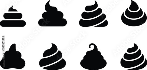Poop emoji and cartoon poop icons set with different swirl shapes, funny waste symbol collection for humor design isolated on white