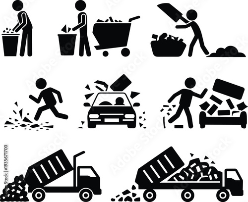 Garbage disposal and waste management icons set showing trash collection, dumping truck, recycling and urban sanitation activities for environmental cleaning services