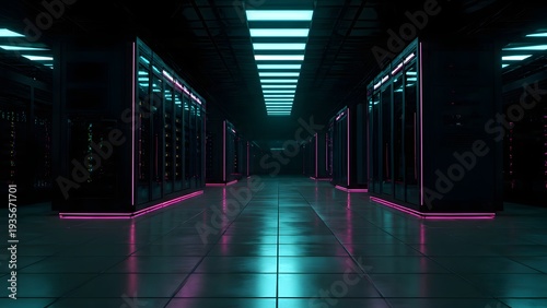 Dark futuristic server room interior with glowing cyan and magenta neon lighting 3D render
