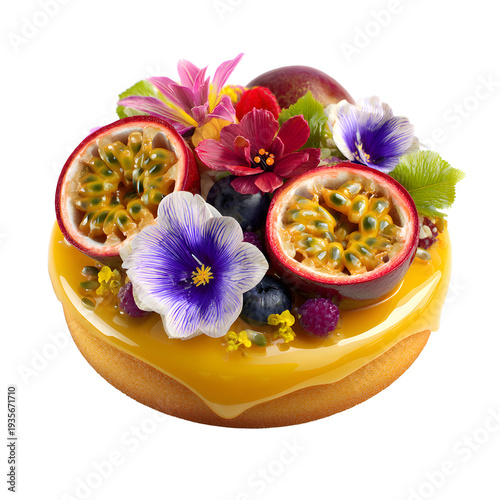 Delicious dessert with passionfruit and flowers on top