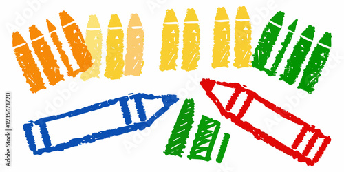 Colorful crayon arrangement with a few scattered and broken pieces