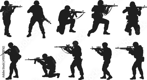 Military soldier silhouettes collection with armed army troops in tactical combat positions, infantry soldiers aiming rifles for defense, security and warfare concept