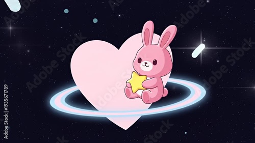 Cartoon pink bunny holding yellow star on heart-shaped planet with a blue and pink ring