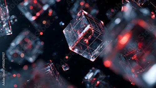 Abstract floating transparent glass cubes with glowing red lines in dark space 3D render