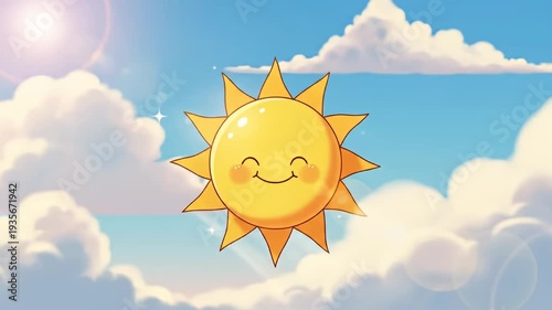 A smiling cartoon sun hovers above soft, puffy clouds in a bright blue sky, light shining