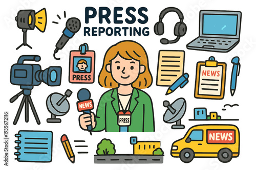 Colorful Journalism Doodles. press reporting. Colorful Hand-drawn doodle Children illustration press reporting reporter, camera, microphone, tripod, notebook,