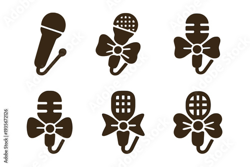 Music-Fashion Icon Set. Music and fashion. Icon set. Set Logo of Music and fashion: microphone brooch. harmonious logo variations of the same emblematic