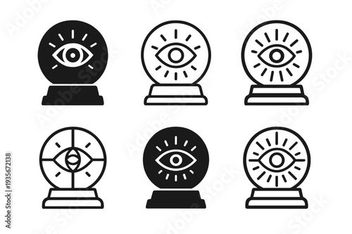Harmonious Crystal Ball Logos. Crystal ball. Icon set. Set Logo of Crystal ball: all-seeing eye in orb. harmonious logo variations of the same emblematic