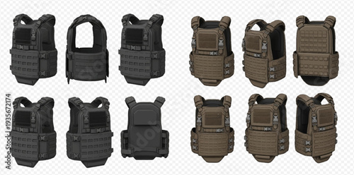 Set of black and brown tactical bulletproof vests, front and back views, isolated on transparent background.