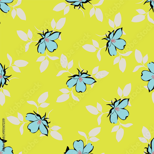 Seamless floral pattern, liberty ditsy print with cute large botany in retro folk style. Beautiful botanical design of hand drawn wild plants: flowers, leaves on black background. Vector illustration
