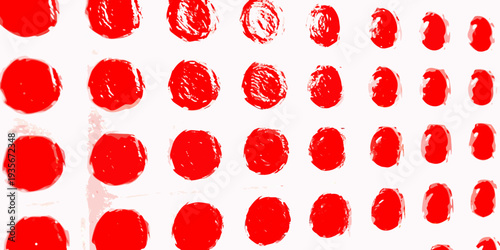 Red circular stamps and smudges arranged in a grid pattern