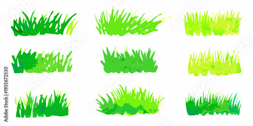 Collection of vibrant green grass tufts arranged in a grid pattern