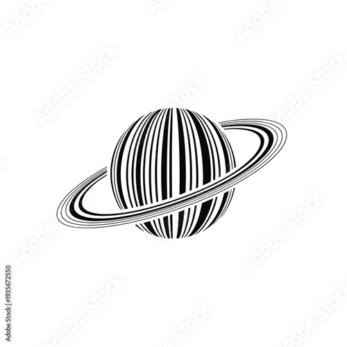 Striking black and white illustration depicting saturn with orbiting rings