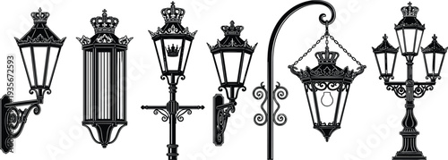 Vintage ornate street lamps, classical decorative lanterns, antique urban lighting, architectural design inspiration, historical streetlight silhouettes, elegant wrought iron fixtures