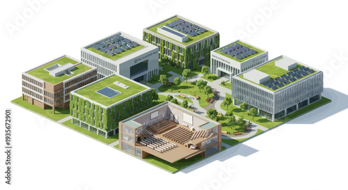 Eco-friendly modern buildings with green roofs and solar panels, isometric view