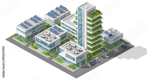 Eco-friendly modern office buildings with solar panels and green vertical gardens