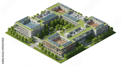 Modern Sustainable University Campus with Green Roofs and Solar Panels