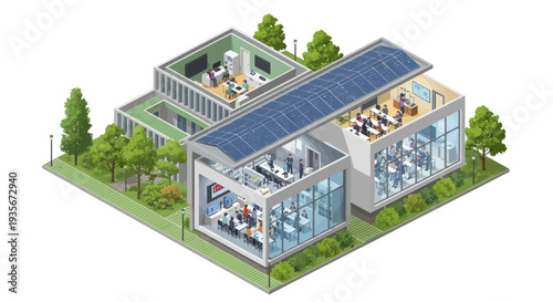 Modern Office Building with Solar Panels and Greenery