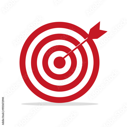 Red target with arrow hitting the center, symbolizing success and precision in a simple graphic illustration