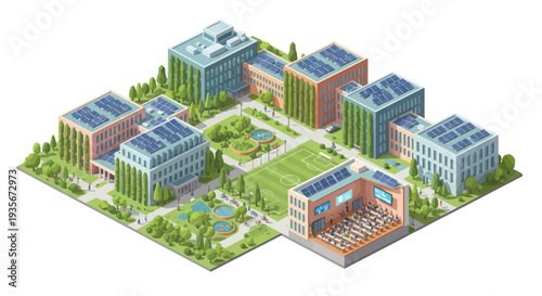 Modern Eco-Friendly University Campus with Solar Panels and Green Spaces