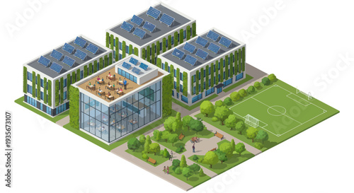 Modern Eco-Friendly Office Buildings with Solar Panels and Green Spaces