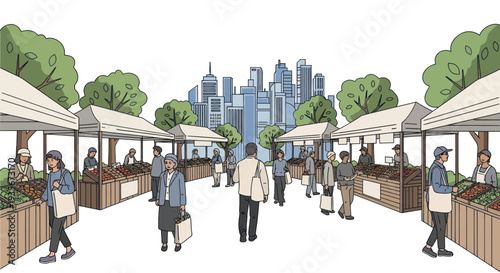 Urban Farmers Market Scene with City Skyline and Shoppers