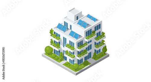 Modern Apartment Building with Solar Panels and Green Balconies, Isometric View