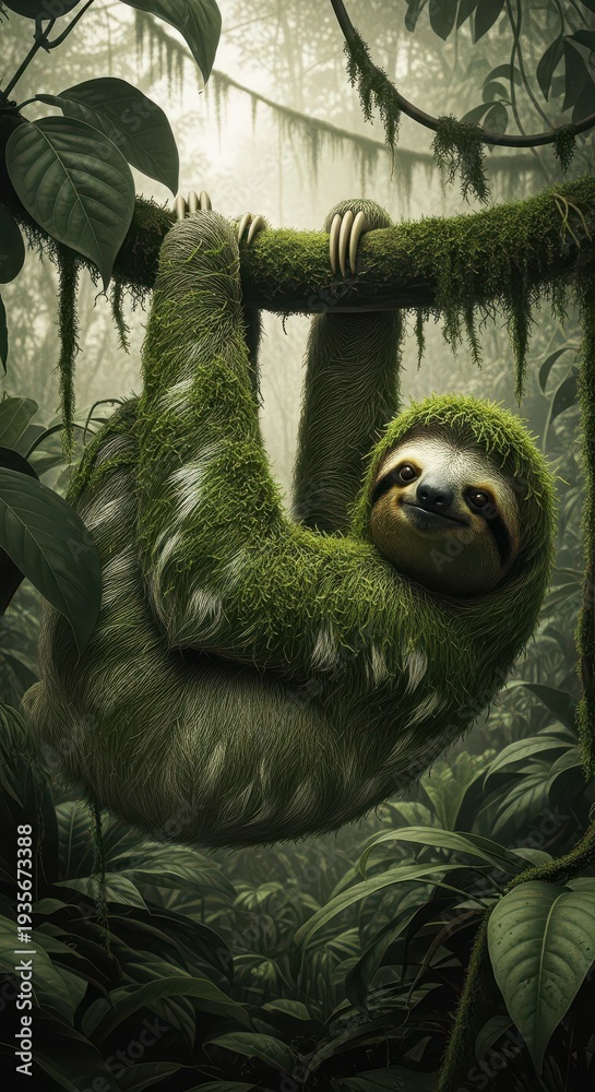 Obraz premium Adorable, moss-covered mammal hangs suspended from a vine in a dense, humid jungle environment