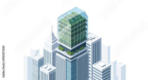 Futuristic Green Skyscraper with Vertical Farm in Urban Cityscape