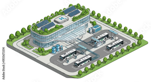 Modern Eco-friendly Bus Station with Solar Panels and Green Roof