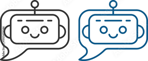 Modern chatbot and AI assistant line icons set. Featuring robot avatars, customer support bots, live chat bubbles, artificial intelligence and messaging concepts.