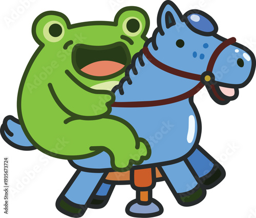 Happy Green Frog Riding a Blue Spring Rocking Horse Toy