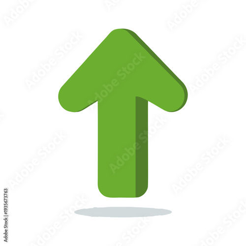 A large green arrow pointing upwards with a shadow below on a clean surface viewed from directly above