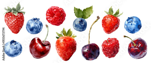 Assortment of fresh summer berries and cherries watercolor illustration. Painting vibrant red and blue fruits with green leaves on an isolated white background