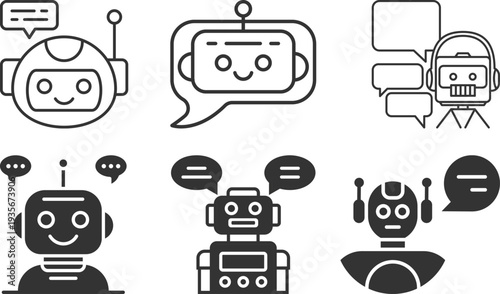 Modern chatbot and AI assistant line icons set. Featuring robot avatars, customer support bots, live chat bubbles, artificial intelligence and messaging concepts.