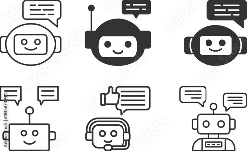 Modern chatbot and AI assistant line icons set. Featuring robot avatars, customer support bots, live chat bubbles, artificial intelligence and messaging concepts.